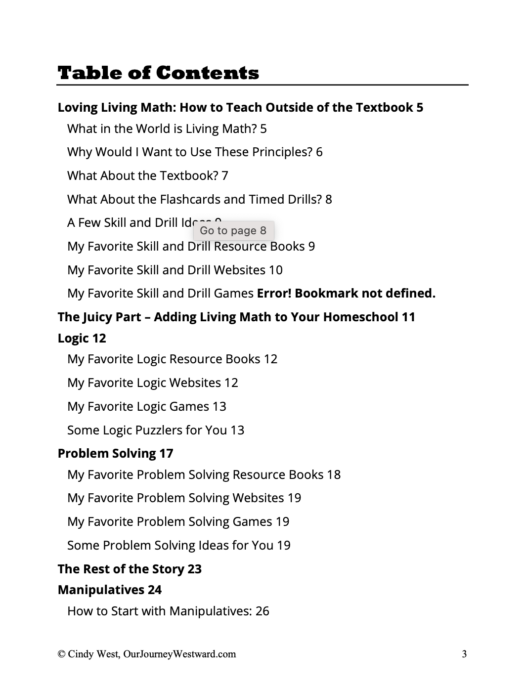 table of contents for homeschool math program
